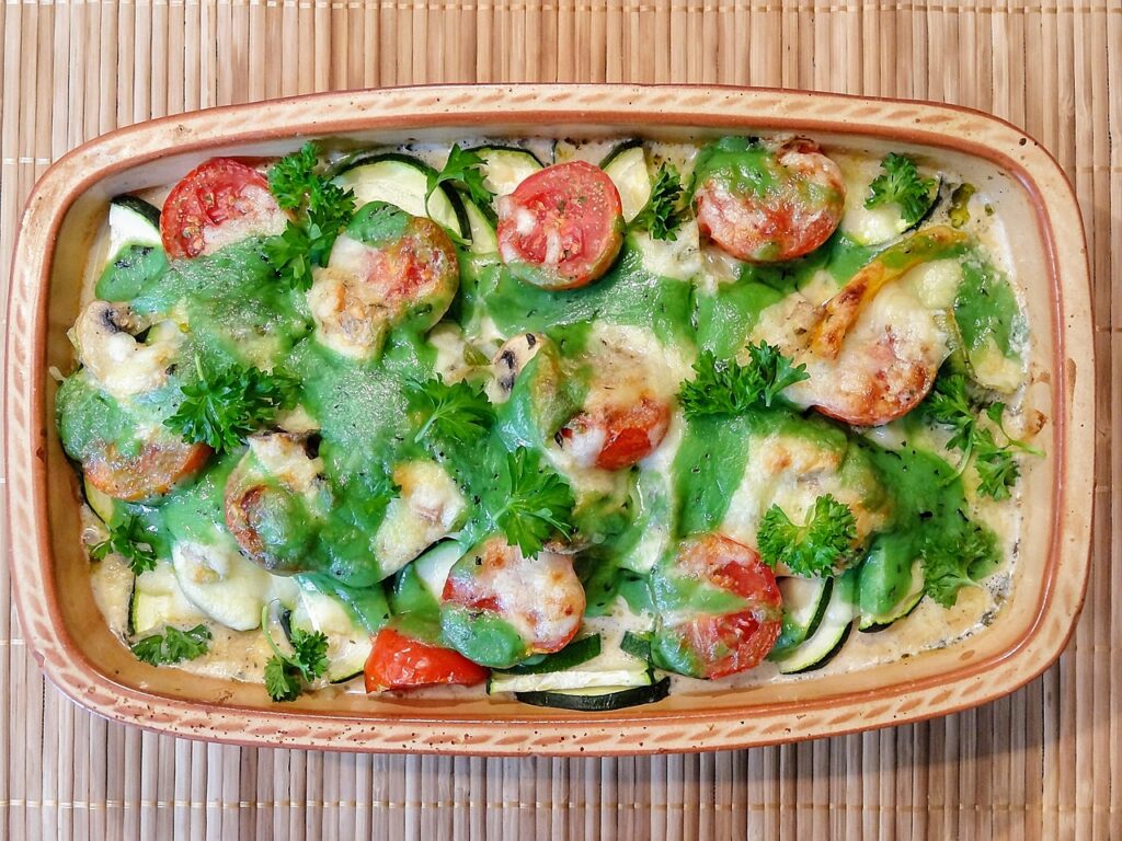 A cheesy baked pasta casserole fresh out of the oven.