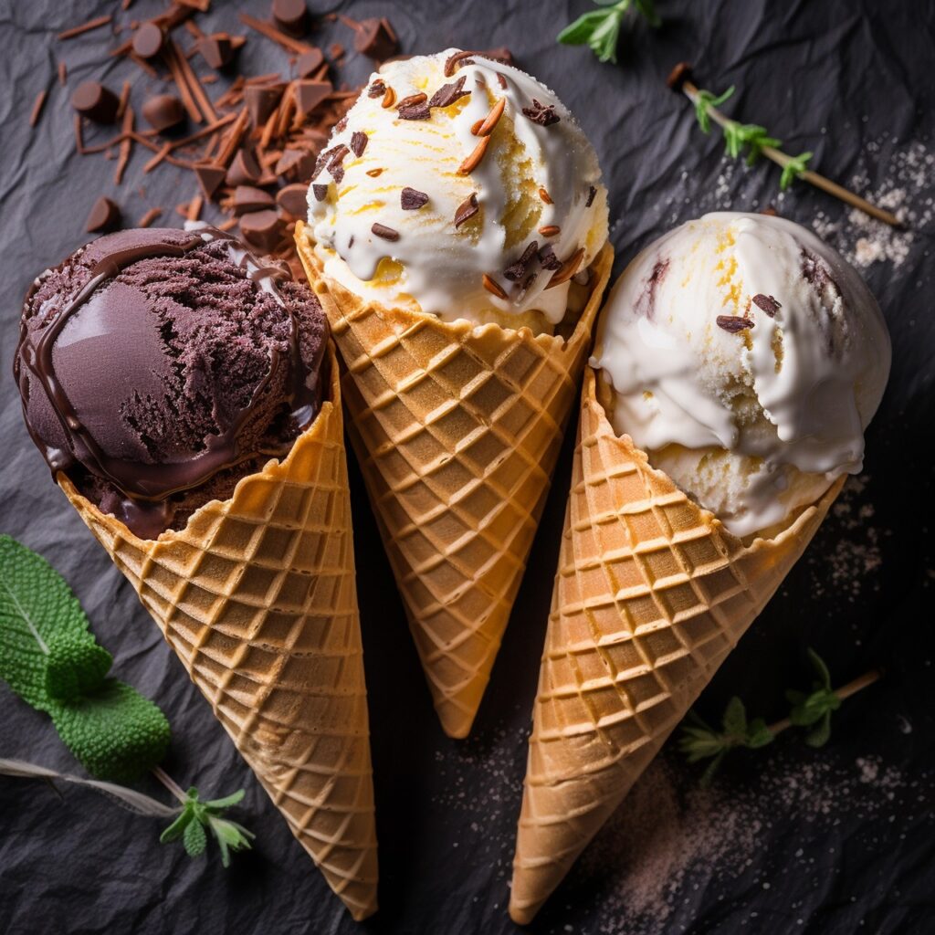 Scoops of vanilla and chocolate ice cream in cones.
