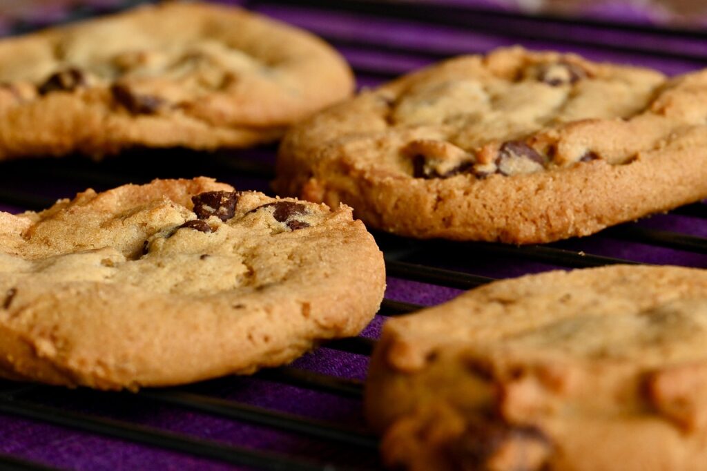 Freshly baked chocolate chip cookies cooling on a wire rack.
