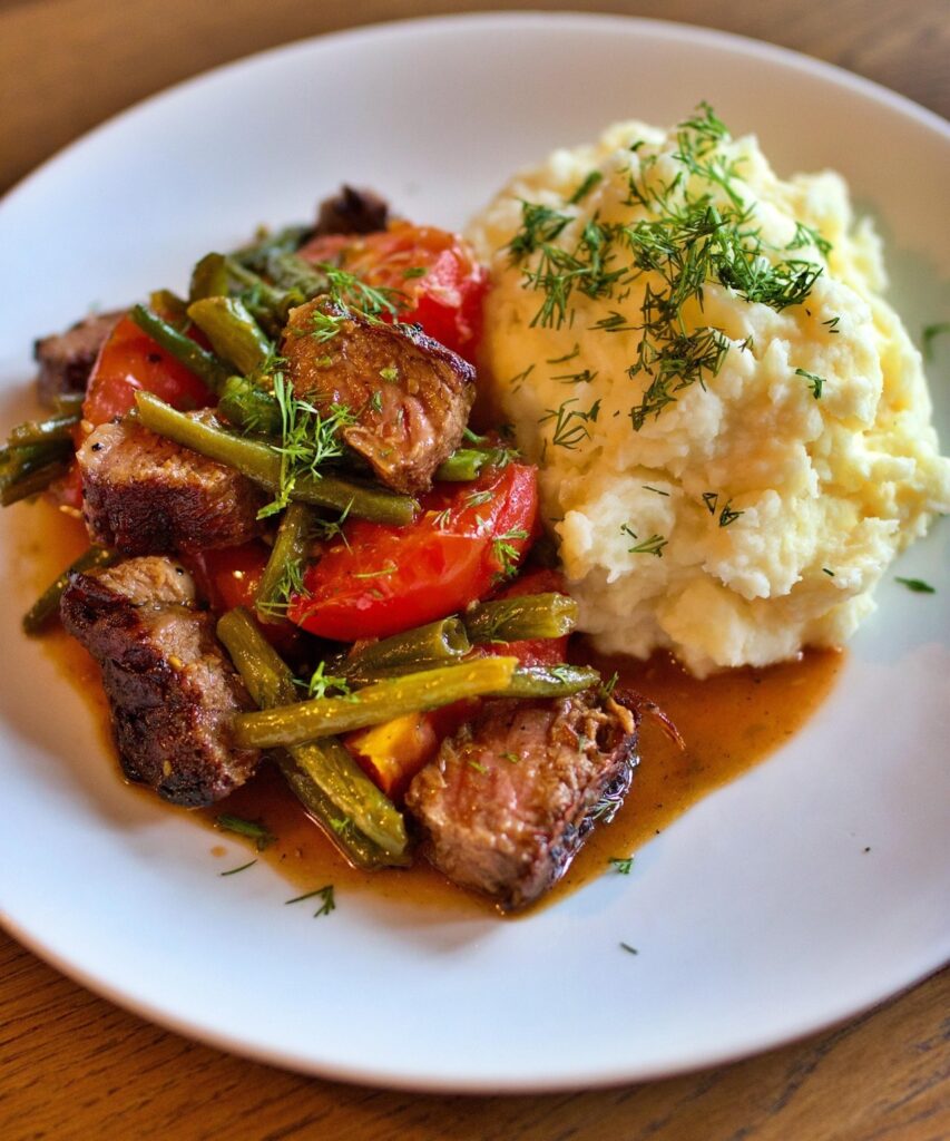 Classic meatloaf slices with rich gravy, served alongside creamy mashed potatoes.