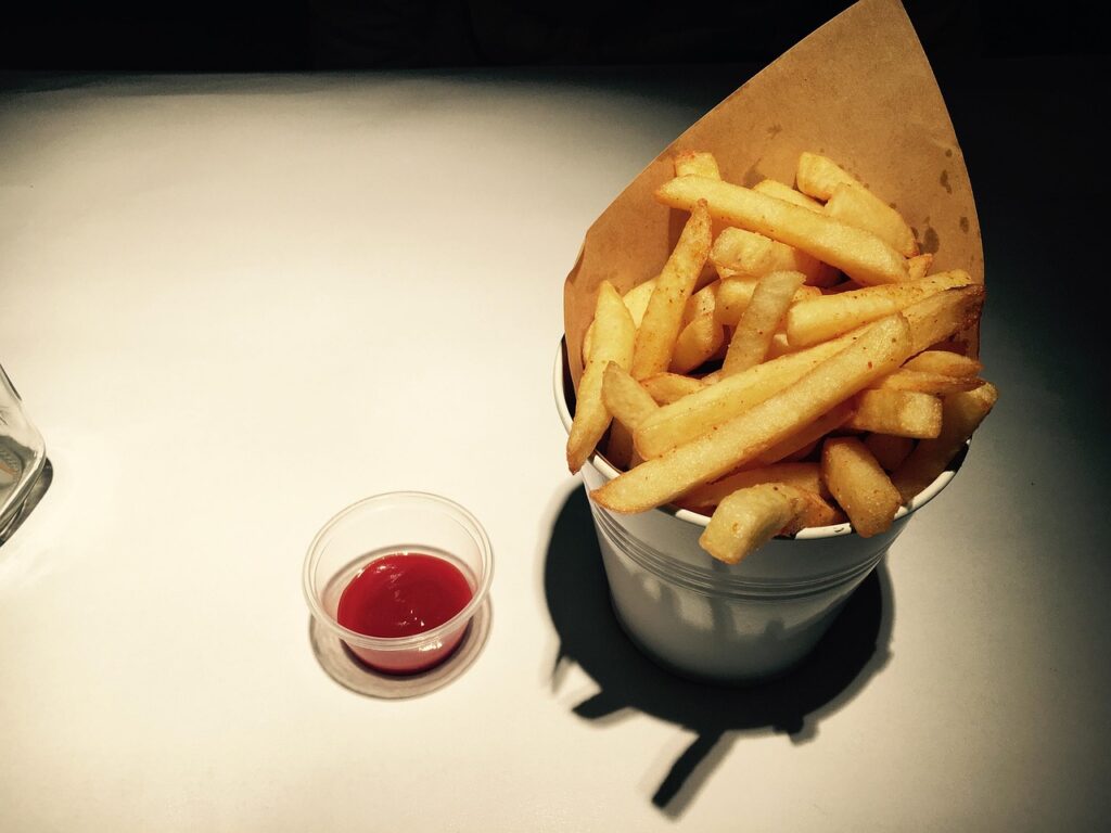 Golden fries with ketchup.