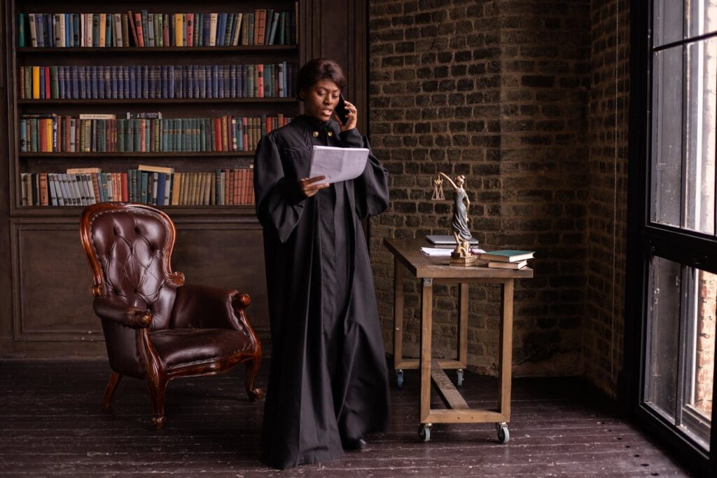 A Judge on a Phone Call while Reading a Document