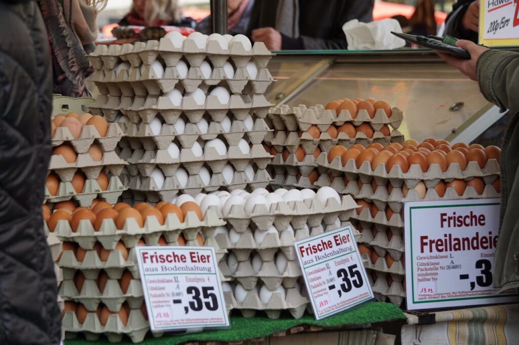 Price tags at a grocery store showing brown vs white egg prices.