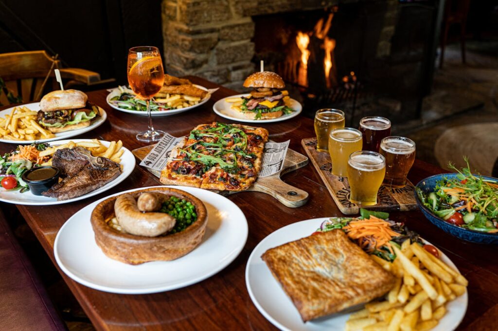 Dishes and Beer on Table in Restaurant