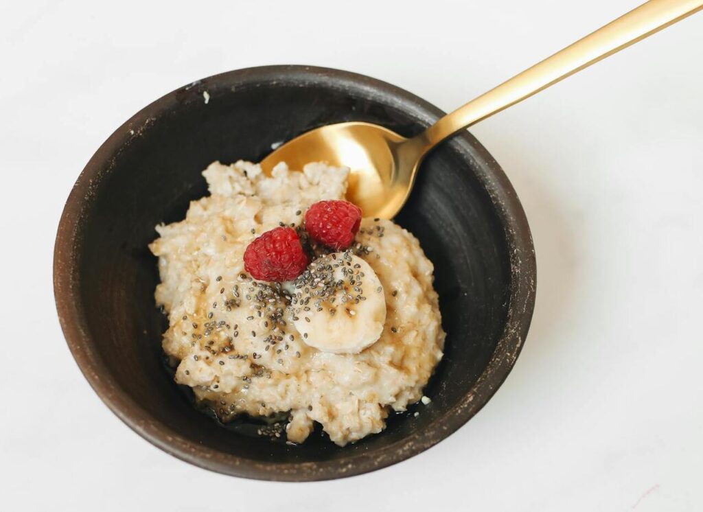 Overnight oats topped with banana slices.