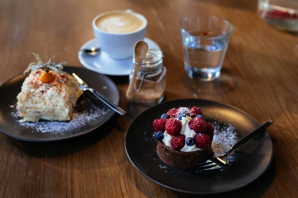 Coffee paired dessert plate with tiramisu and espresso.