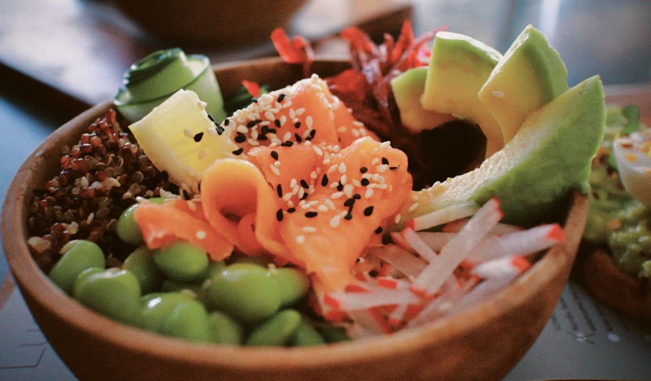 a close up of a bowl of food on a table
