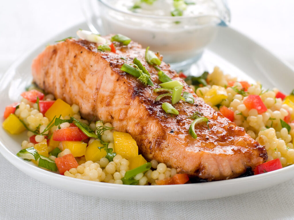Salmon and Couscous Salad with Dill Yogurt Sauce
