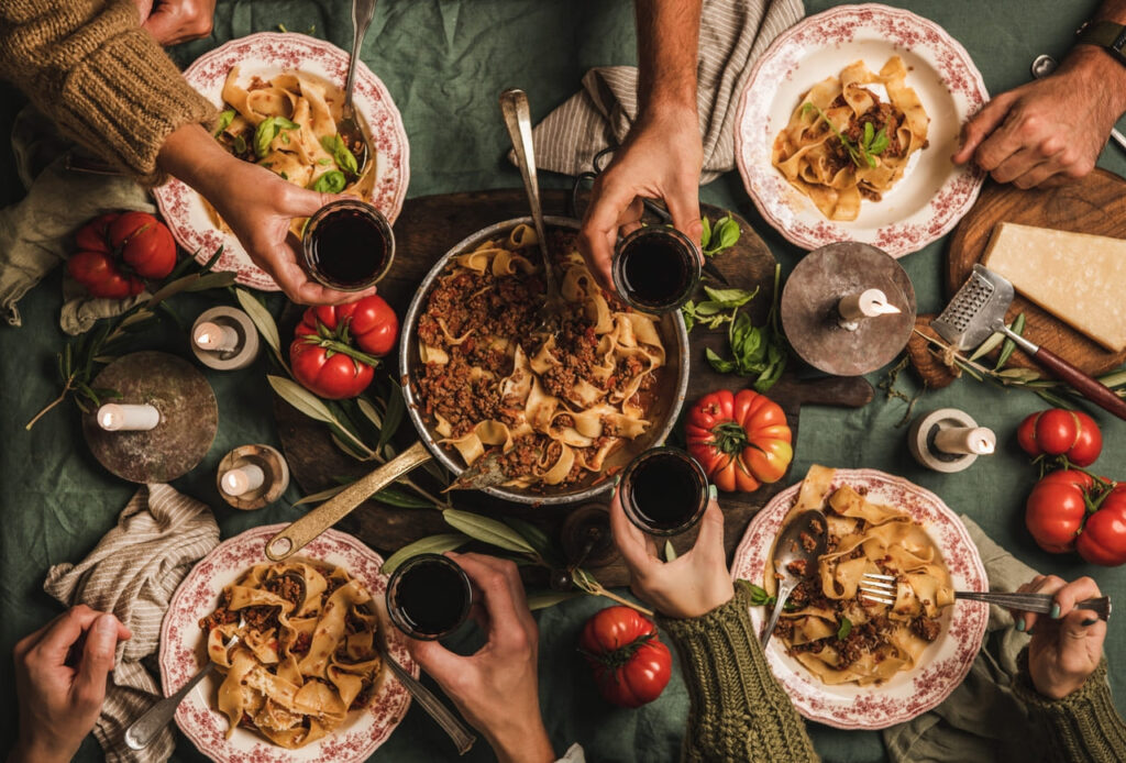 Family-style pasta spread.