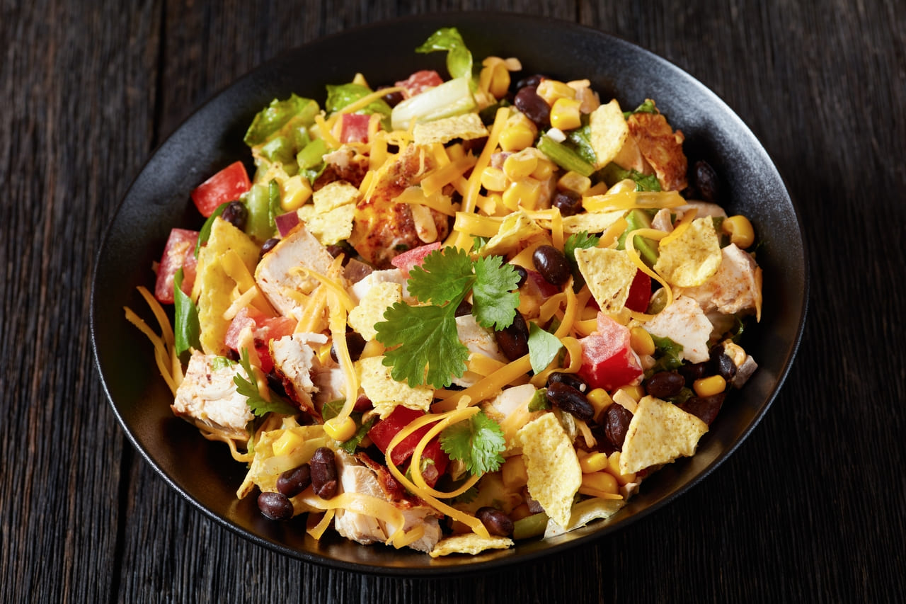 Rotisserie chicken salad in a serving bowl