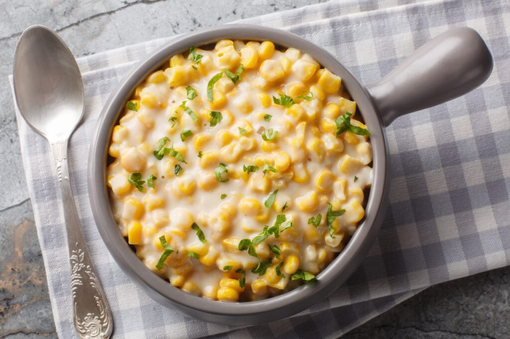 Sweet corn cooked with cream, butter,