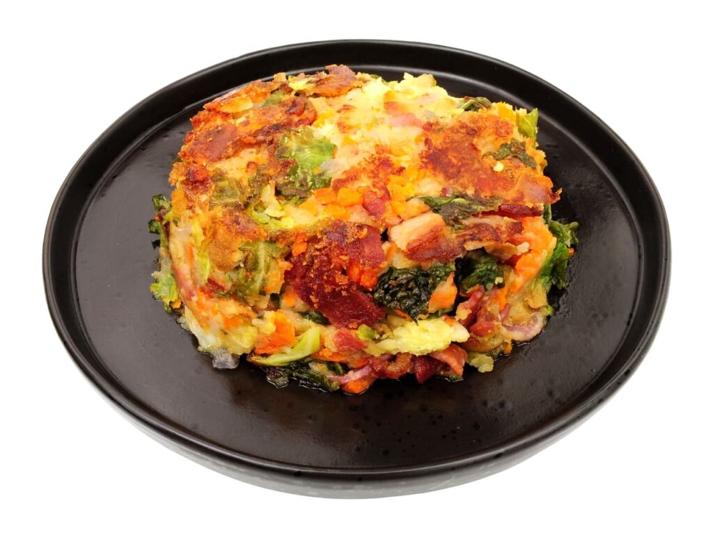 Bubble and Squeak-mix of leftover cooked potatoes and cabbage, fried together until crisp and golden.