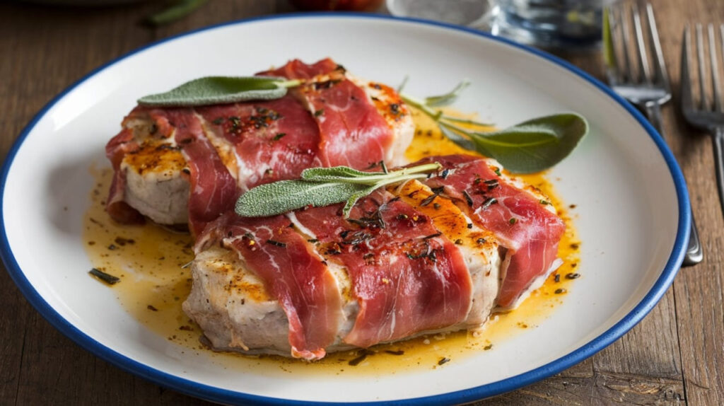 Veal slices topped with prosciutto and sage, served with white wine sauce.