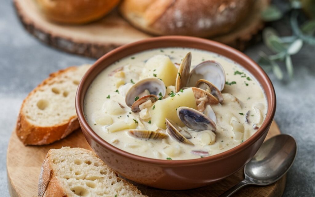 Creamy chowder in a bread bowl with oyster crackers.