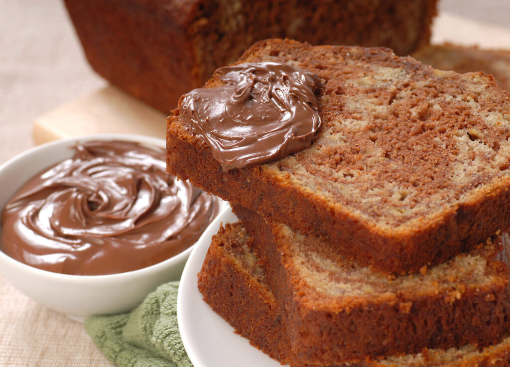 Freshly baked banana and chocolate nut bread with Nutella