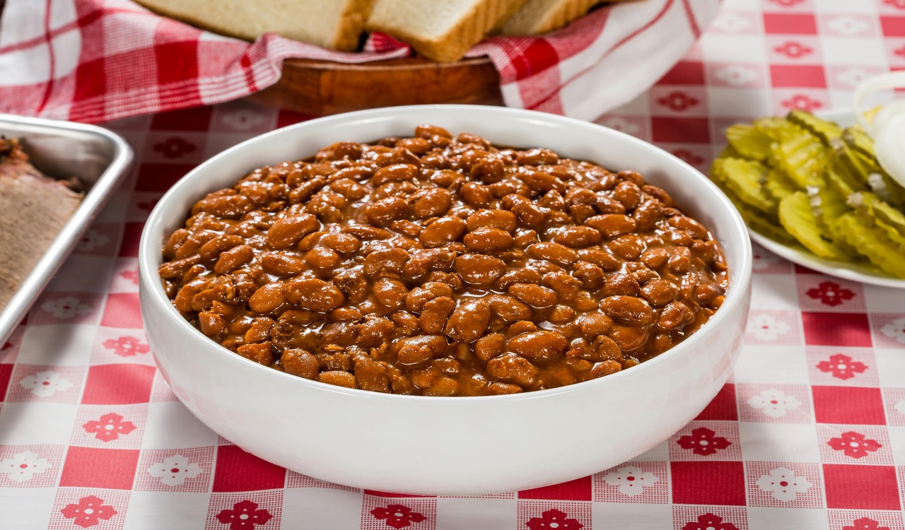 Delicious Baked Beans on Red Checkered Tablecloth