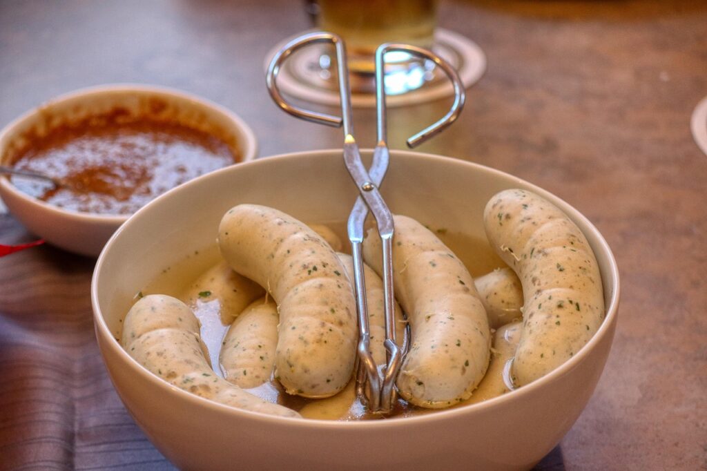 White sausage, Mustard, White sausage breakfast image.