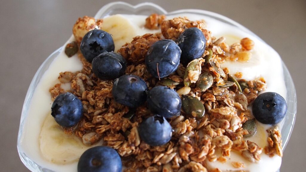 Yogurt topped with freeze-dried blueberries and granola.